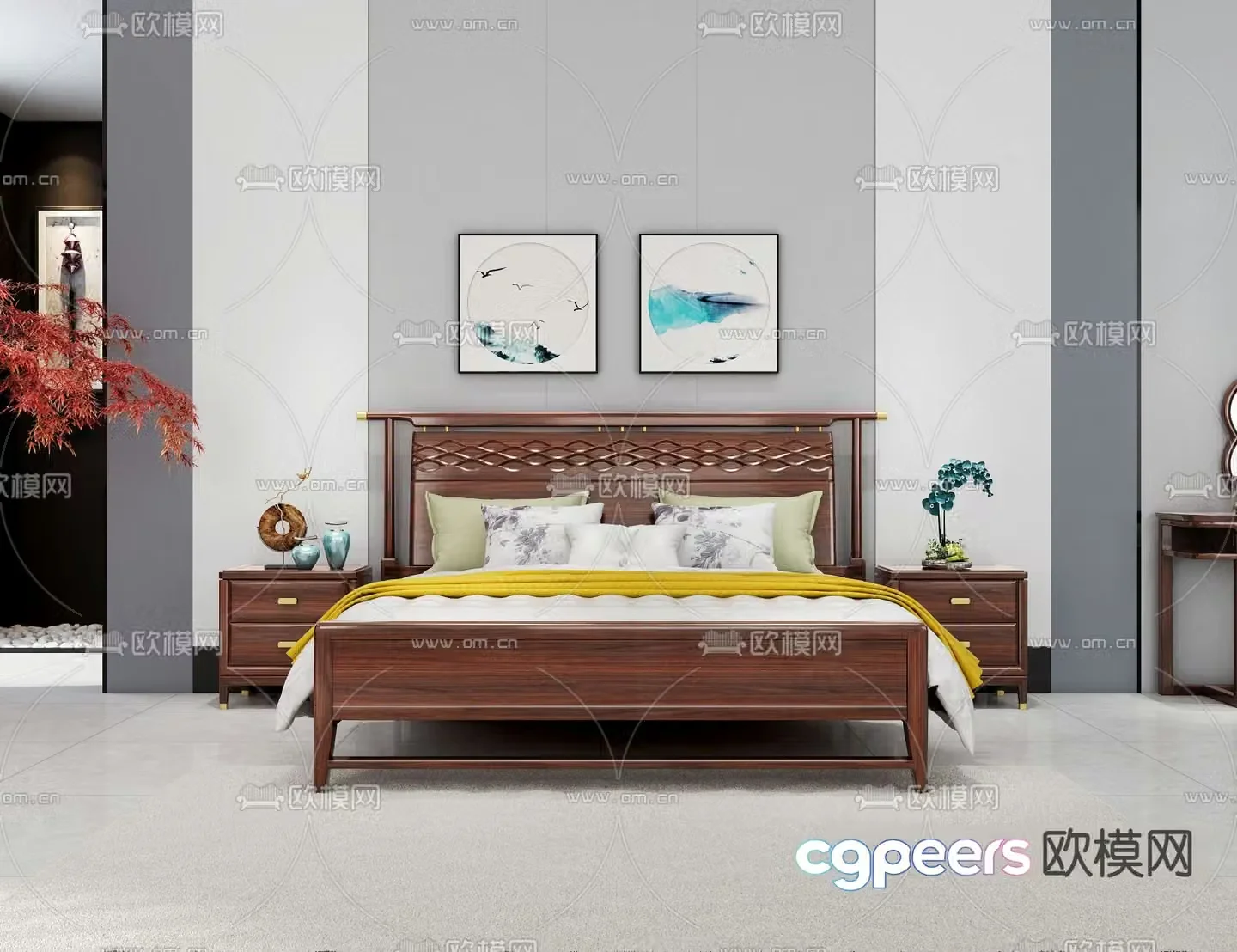 Chinese double bed 3d model