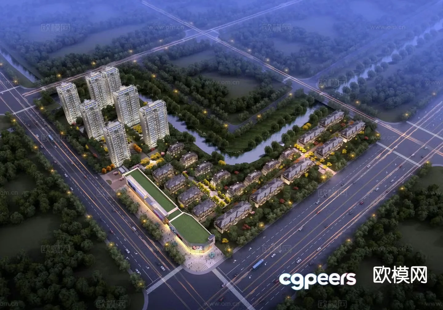 Residential area bird’s eye view planning 3d model