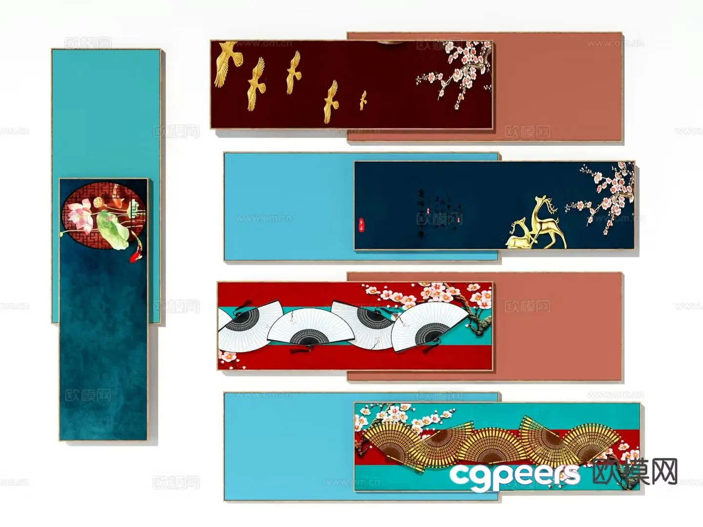 Chinese splicing hanging painting banner painting Zen hanging painting 3D model