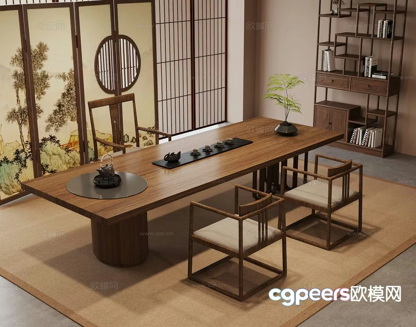 New Chinese style tea table and chairs tea set Bogu rack 3D model