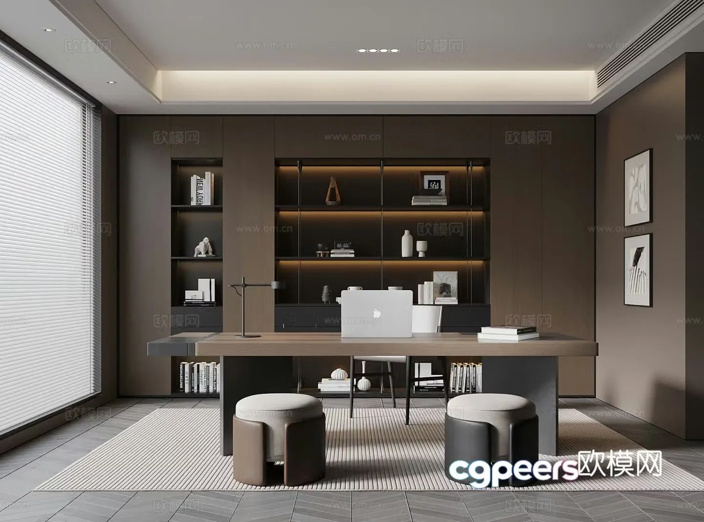 Italian minimalist study room bookcase desk and chair 3D model