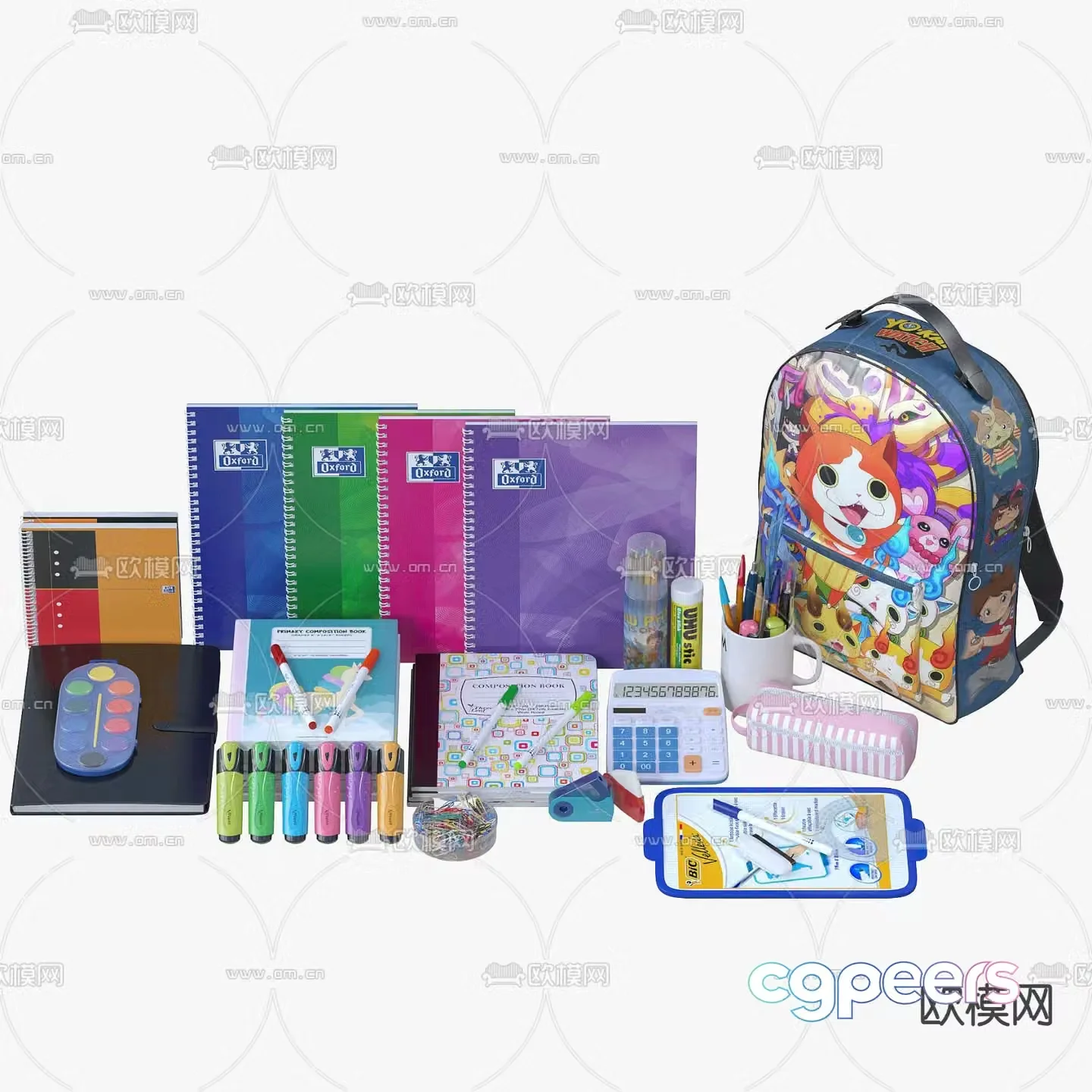 School supplies notebooks paintbrushes children’s stationery 3d model