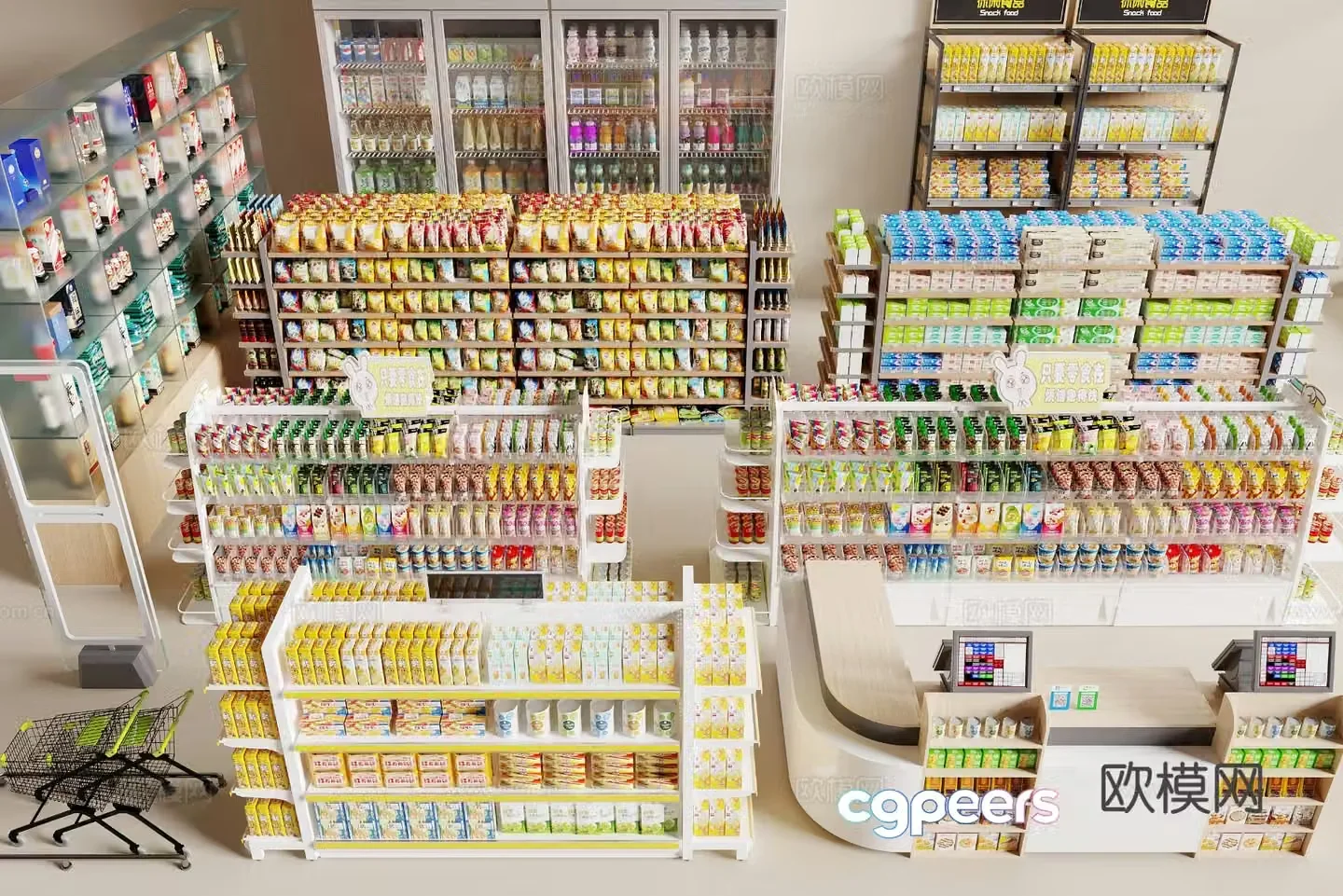 Modern supermarket shelves 3d model