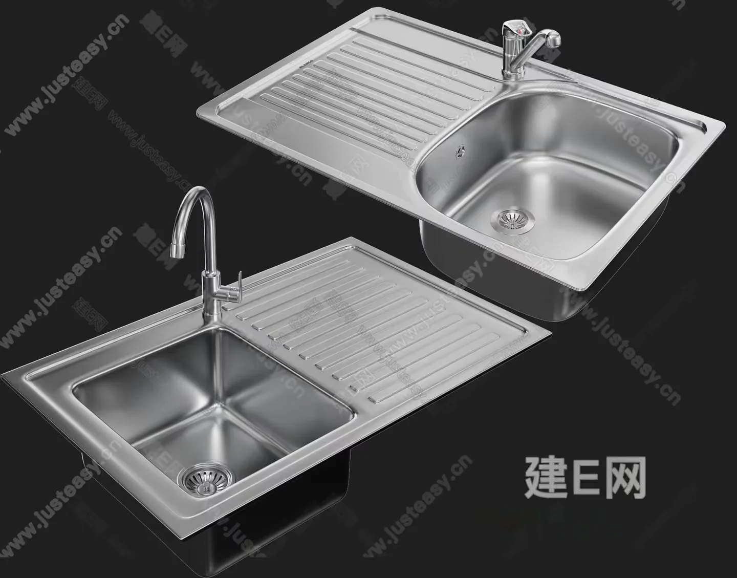 Two Stainless Steel Sinks 3D Model – 3737 – VRAY Render