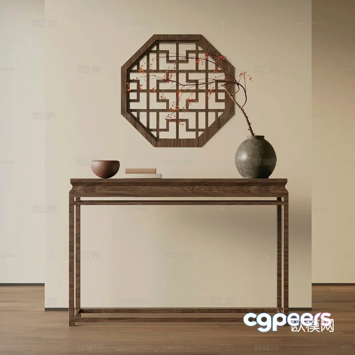 End view cabinet new Chinese style entrance cabinet end view cabinet wooden window bonsai flower art 3D model