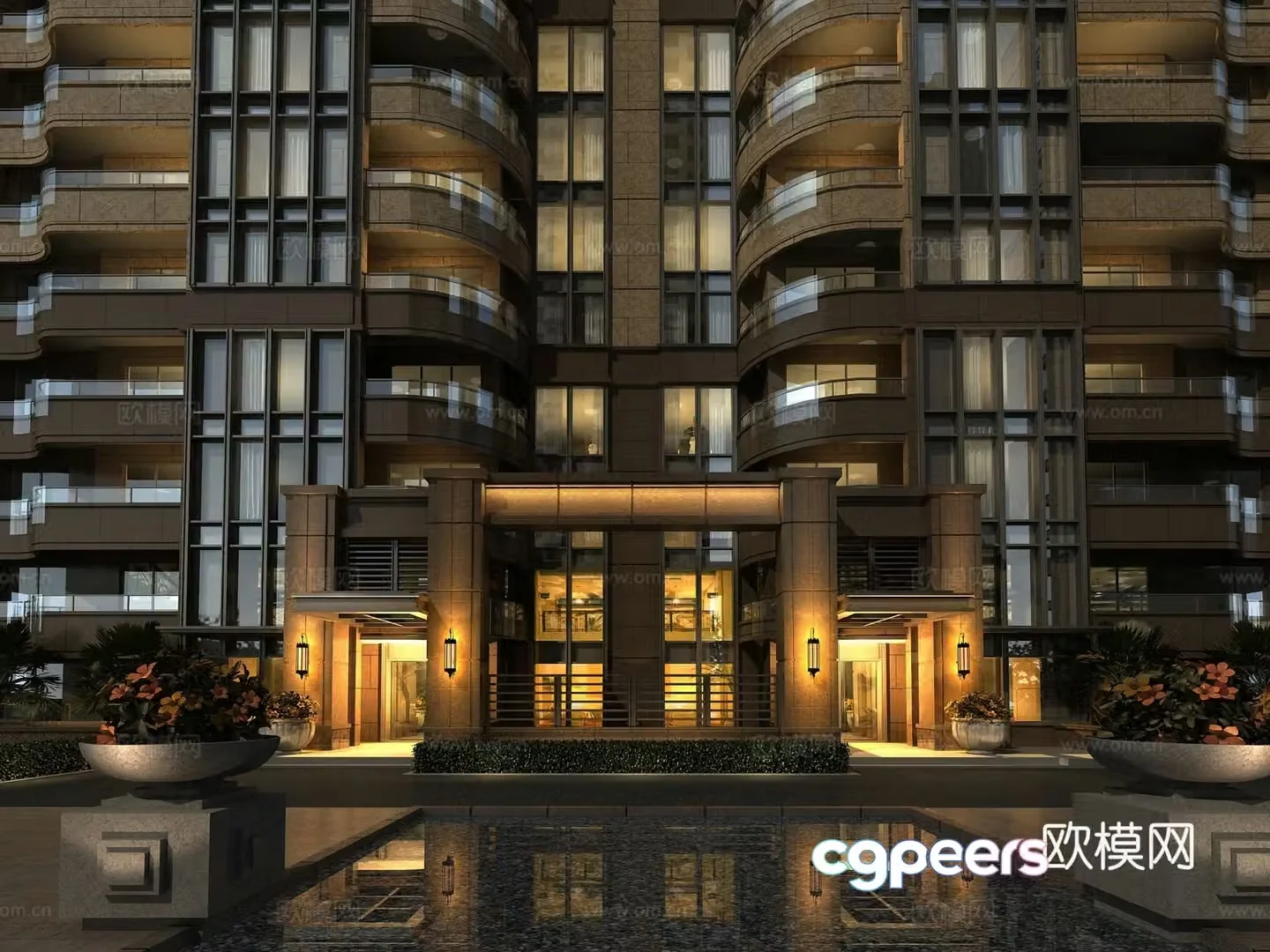 European style residence entrance door point perspective night view 3d model