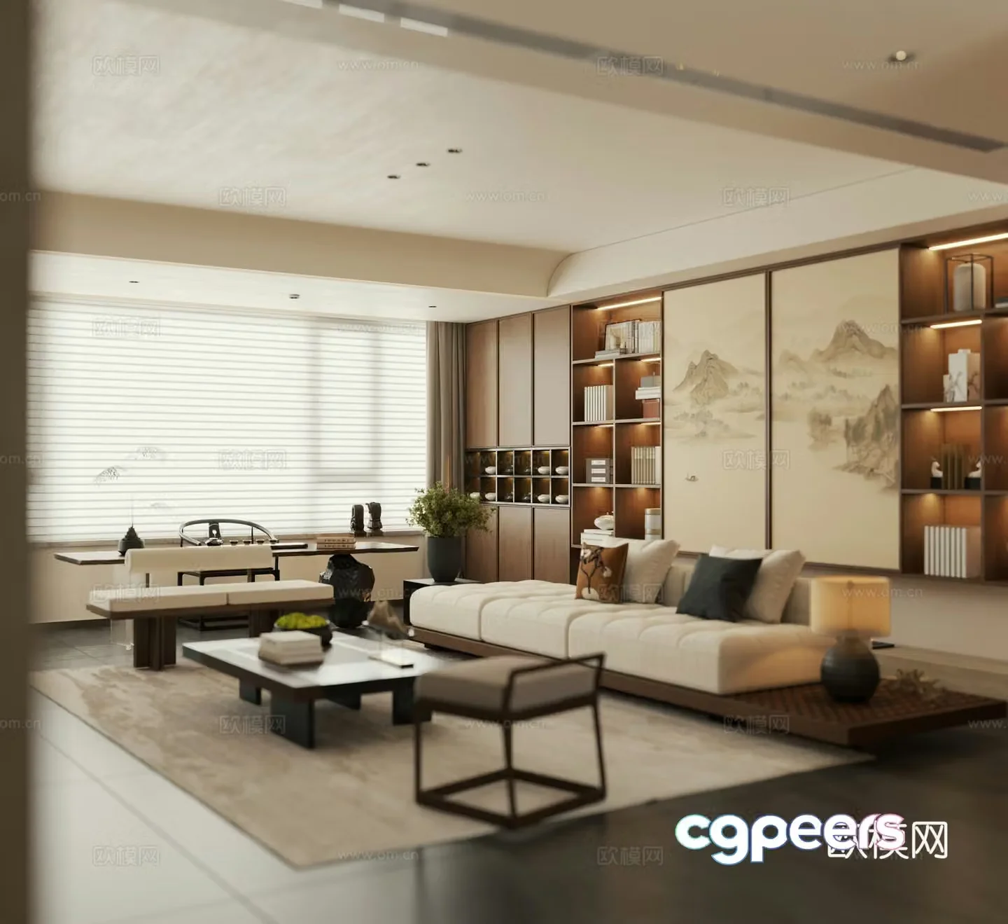 Song style home living room New Chinese style living room horizontal hall Large flat 3D model