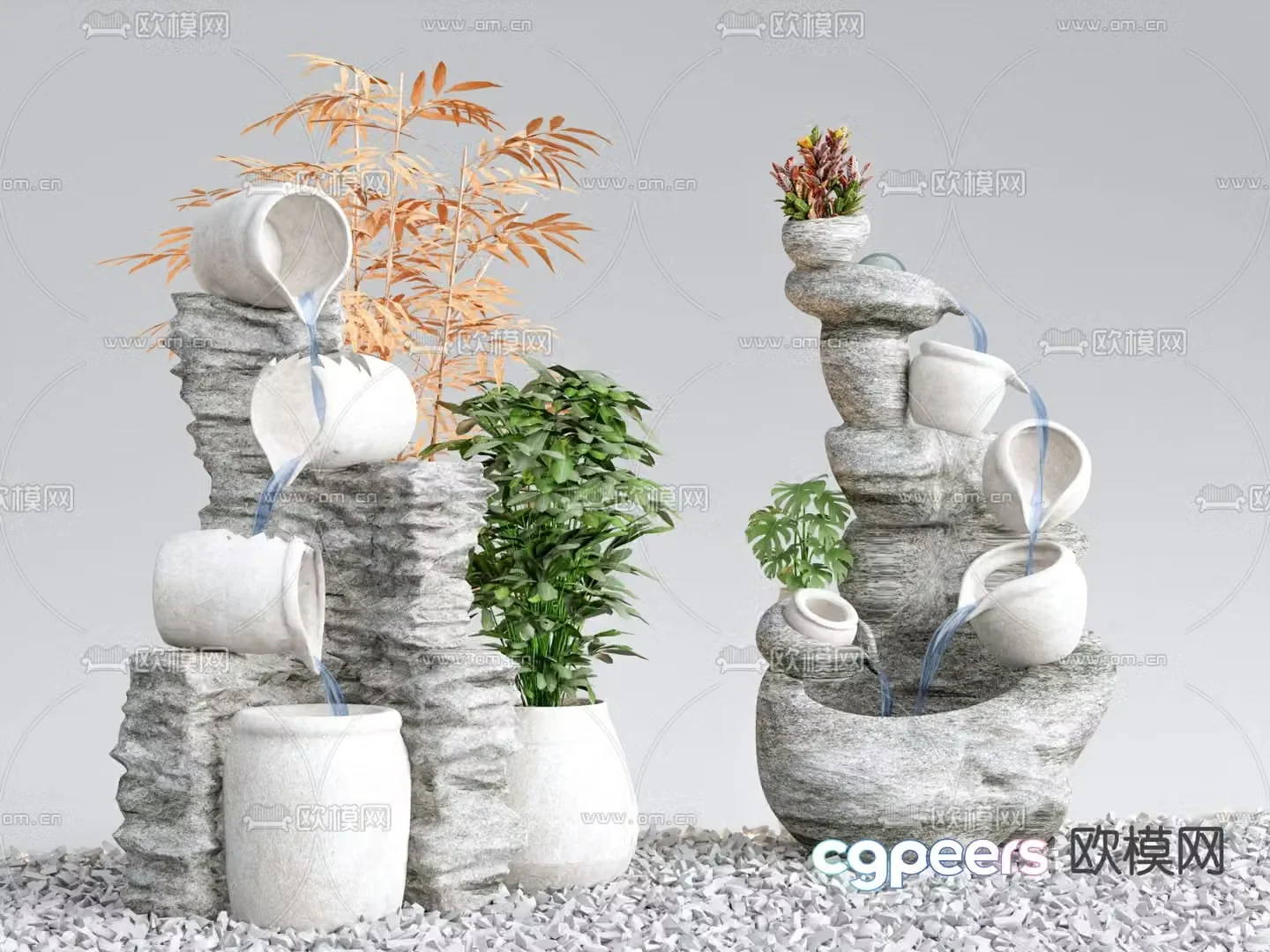 New Chinese style clay pot flowing water garden sketch 3D model