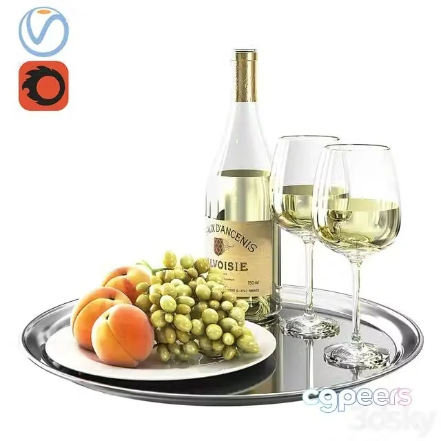 3ds Max Free – Wine peaches and grapes on a tray