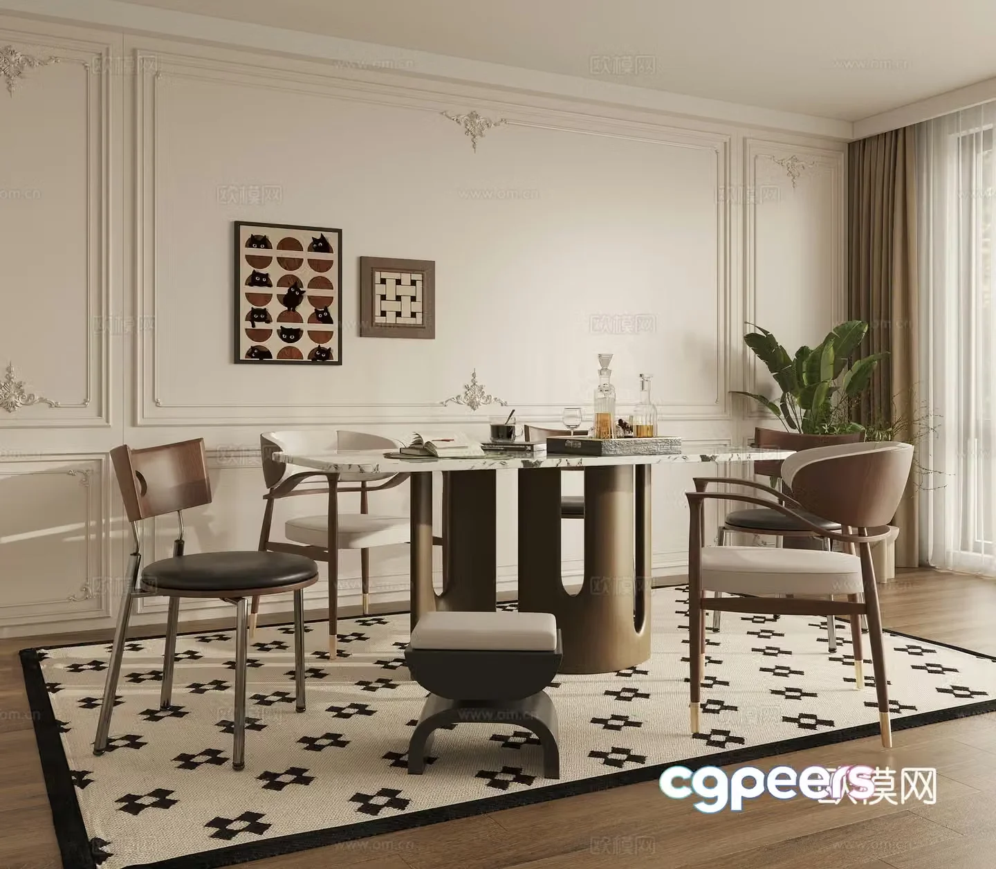 French retro restaurant medieval restaurant dining table and chairs ornaments 3d model