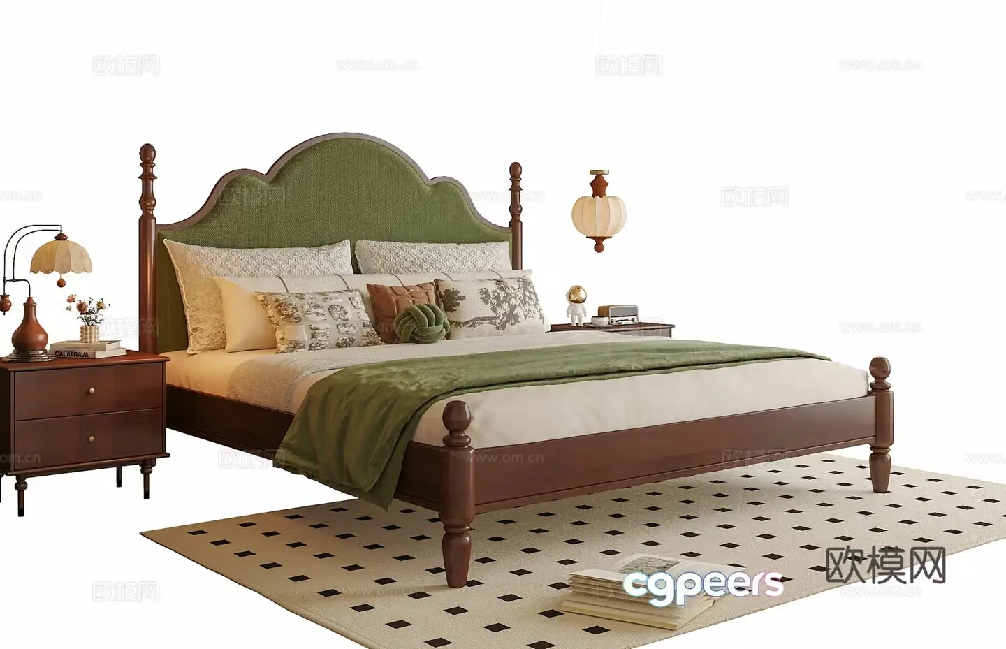 American double bed nightstand bedside chandeliers 3D model