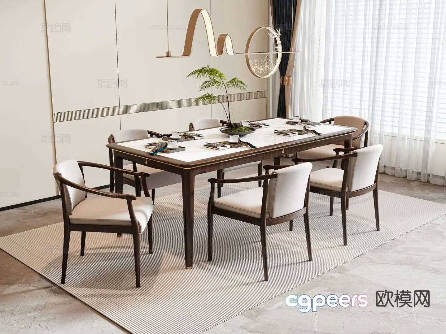 New Chinese style dining table and chairs Bar dining table 3D model