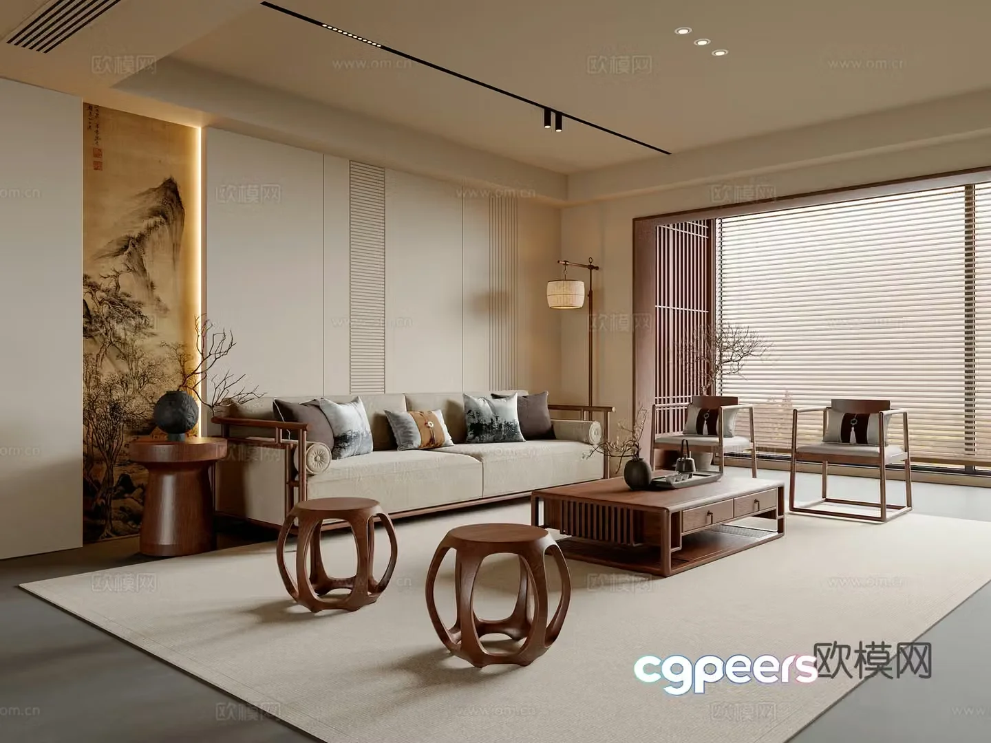 New Chinese style Song style living room sofa and coffee table combination leisure chair floor lamp pier potted 3D model