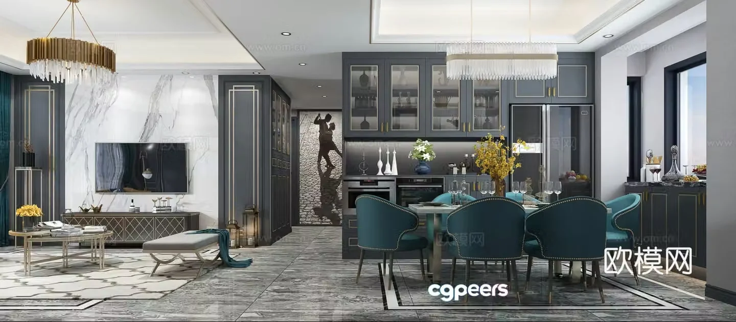 American modern living and dining table sofa TV cabinet carpet chandelier shoe cabinet 3d model