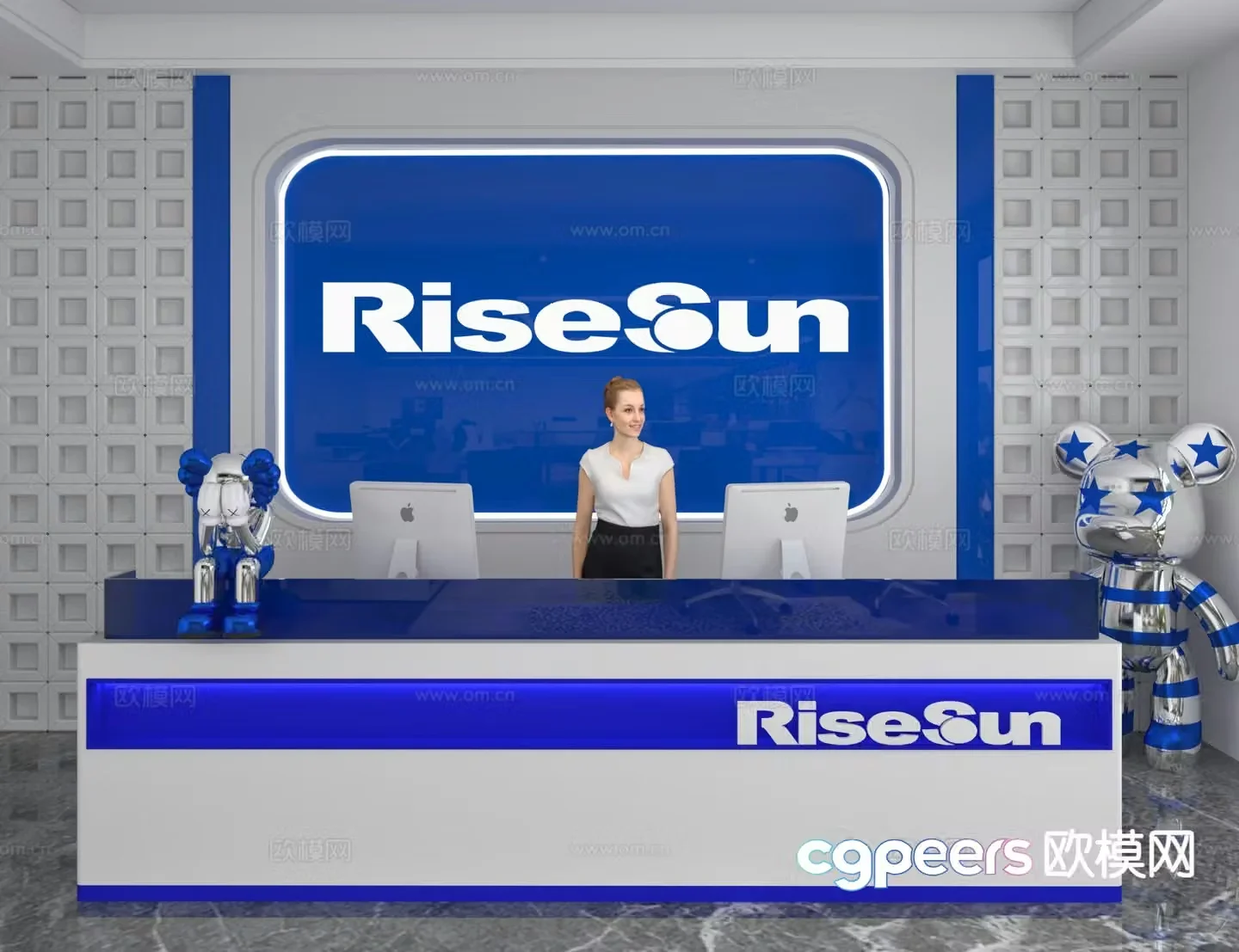 Modern front desk reception desk information desk office background 3d model