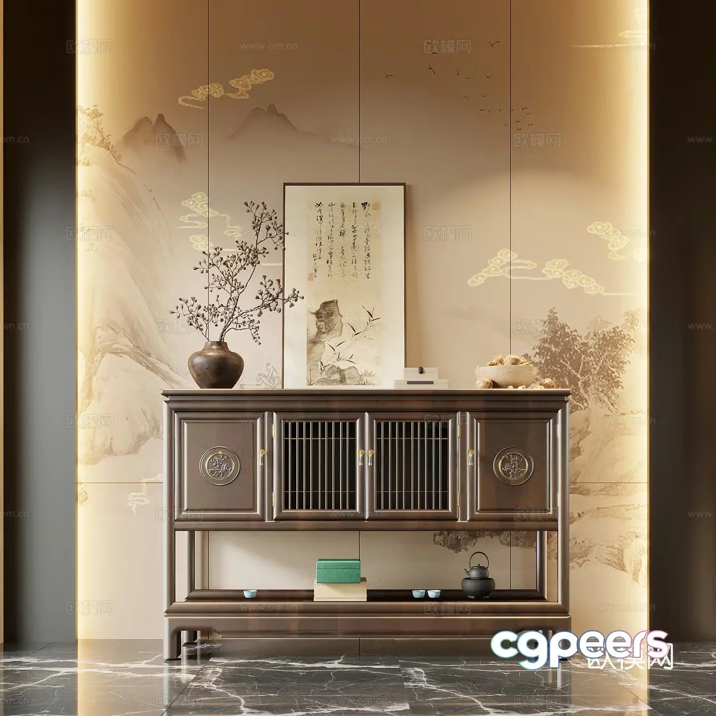 05 Porch New Chinese style porch End view cabinet Porch cabinet Potted bonsai Ornament 3D model