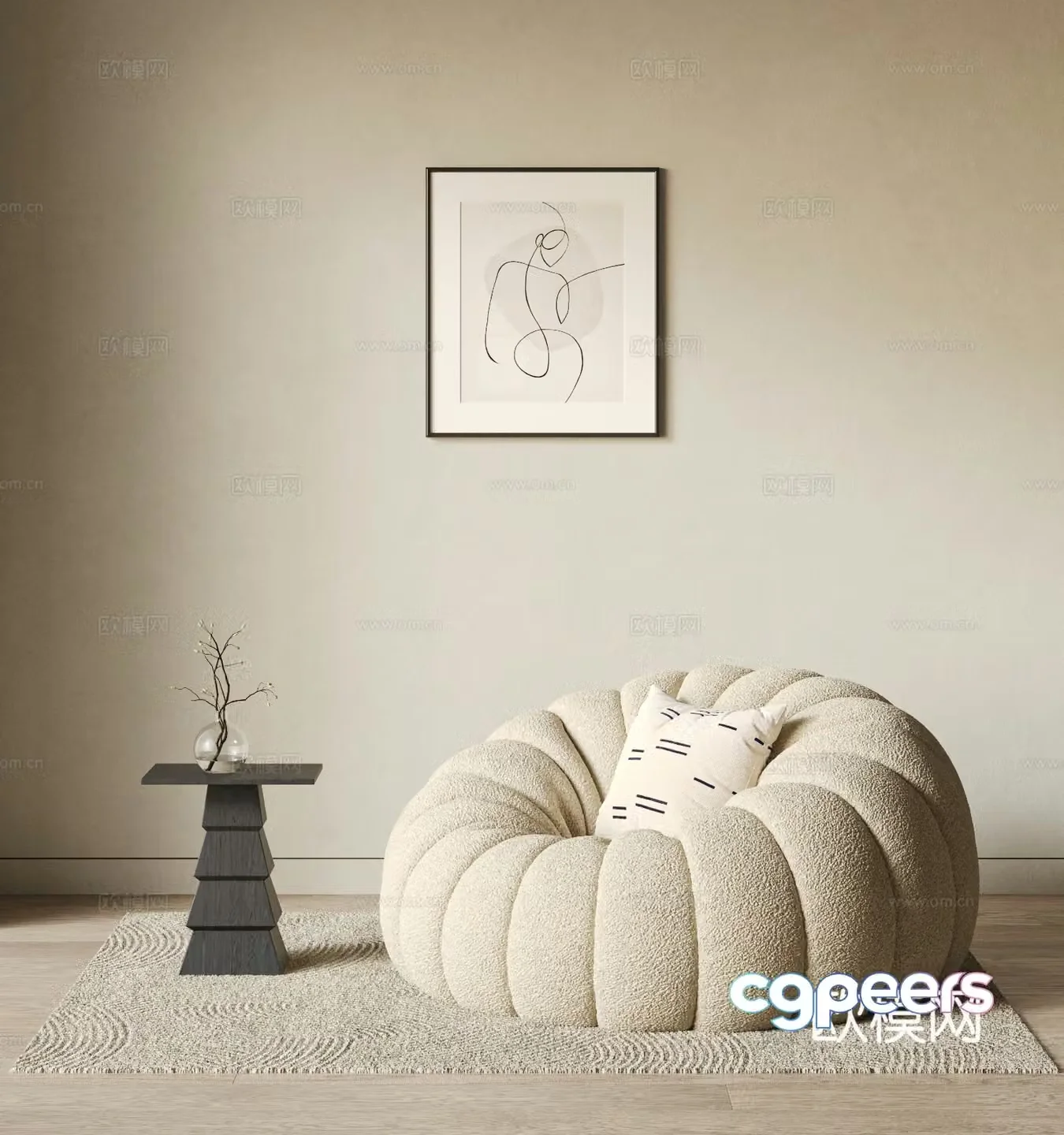 Creamy style lamb velvet lazy sofa 3d model