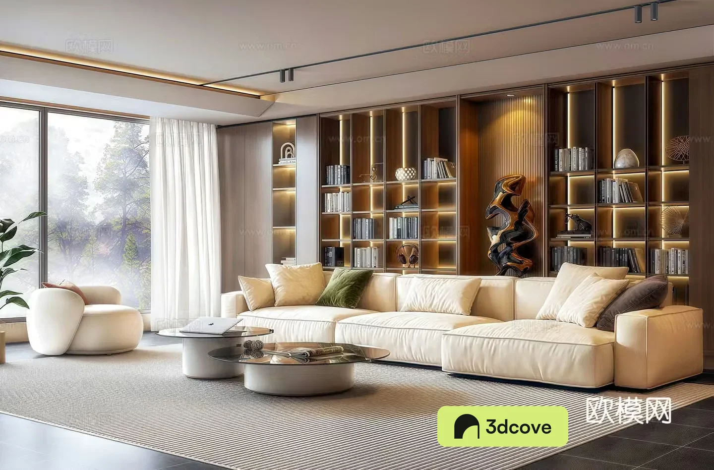 Modern Italian living room bookcase background wall sofa coffee table combination lazy sofa coffee table