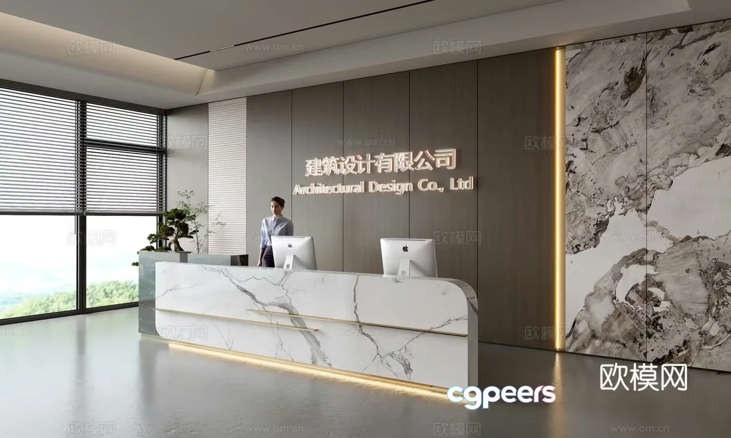 Modern company front desk reception area bar reception desk service desk company front desk background 3D model