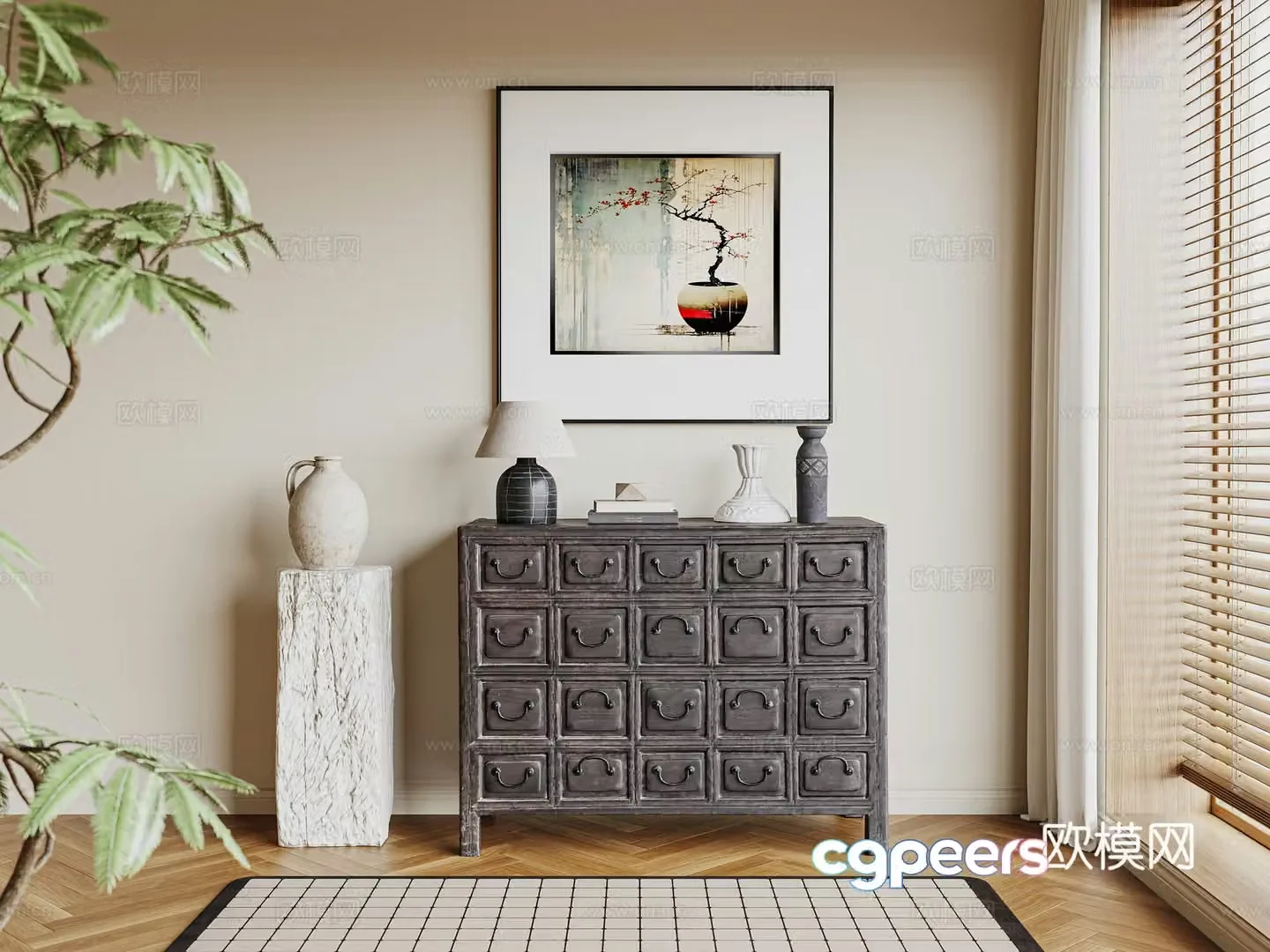 Chinese style cabinet Chinese style entrance cabinet side cabinet hanging painting carpet 3D model