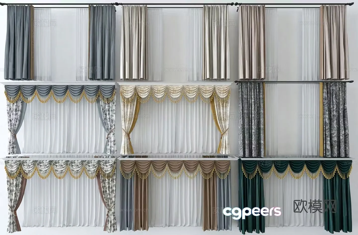 European style curtains wavy curtain head 3d model