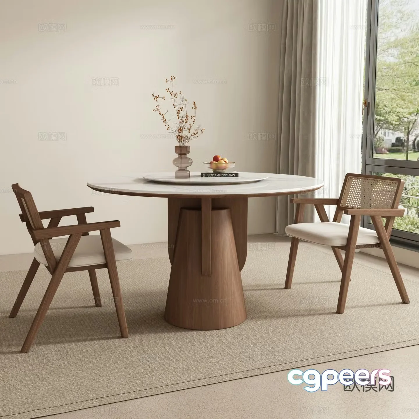 Middle -aged wind round dining table and chair 3D model