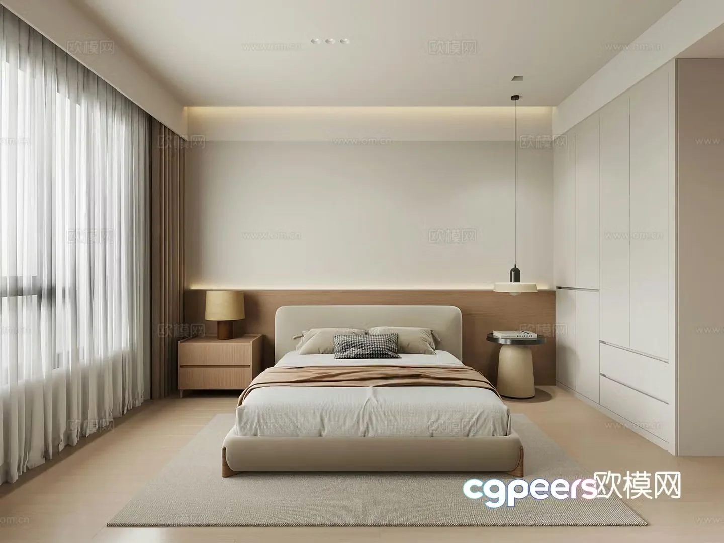 Modern minimalist bedroom wardrobe double bed 3d model