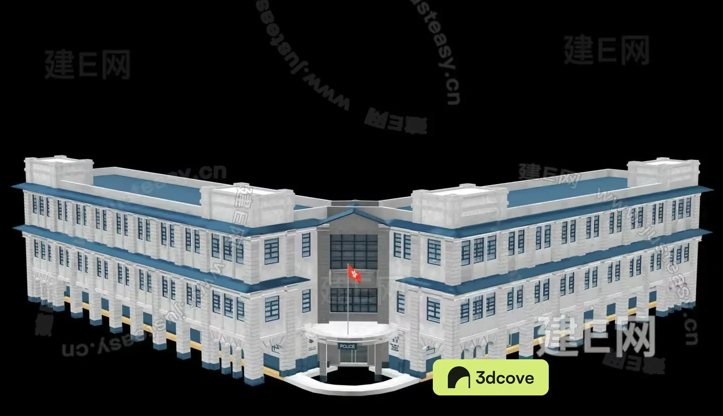 A Large White Building With A Blue Roof