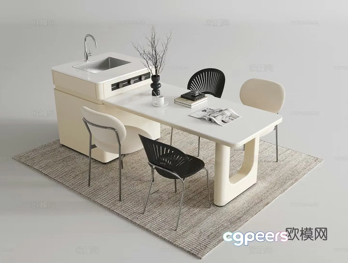 Modern cream dining table and chair island rock slab decorative ornaments middle island 3d model