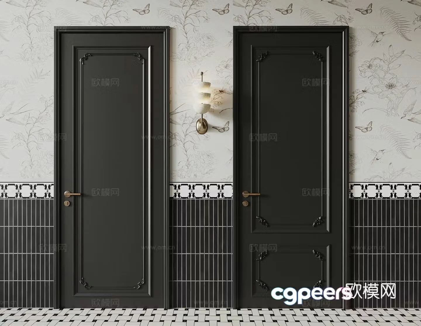 French single-open door interior door glass door 3d model