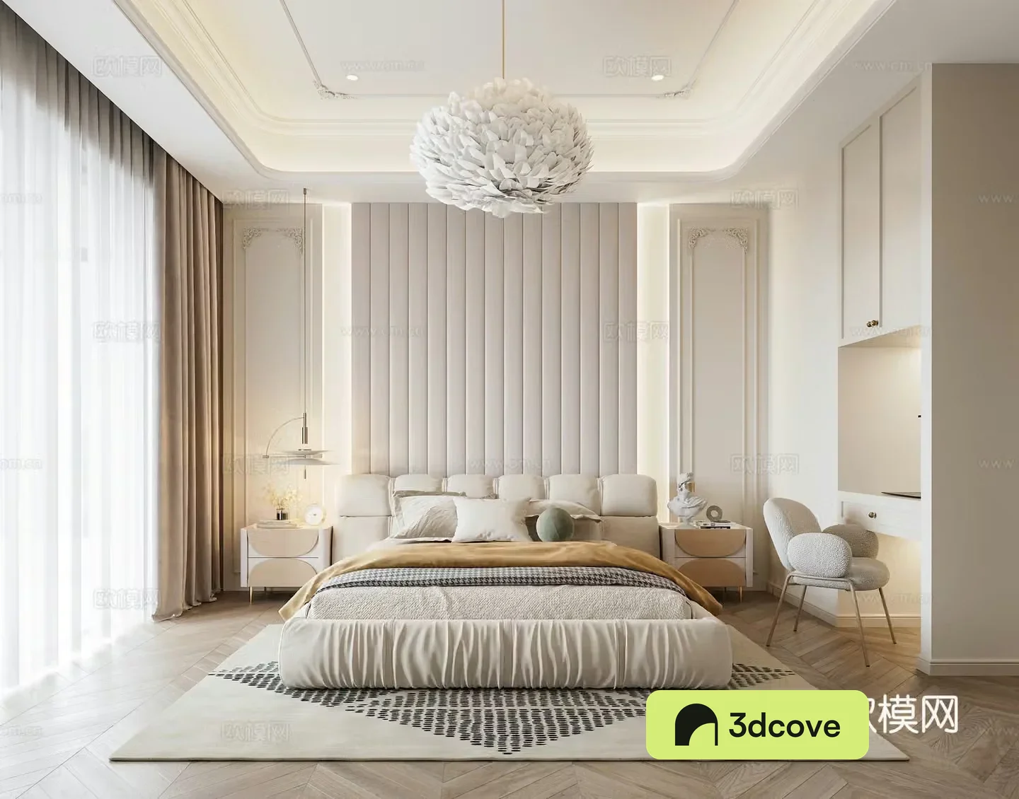 French home bedroom French double bed Feather chandelier French bedside table Master bedroom French hanging