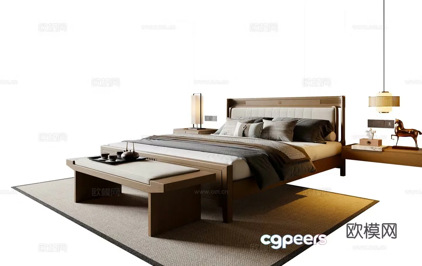 New Chinese Song style double bed nightstand chandeliers carpet 3d model