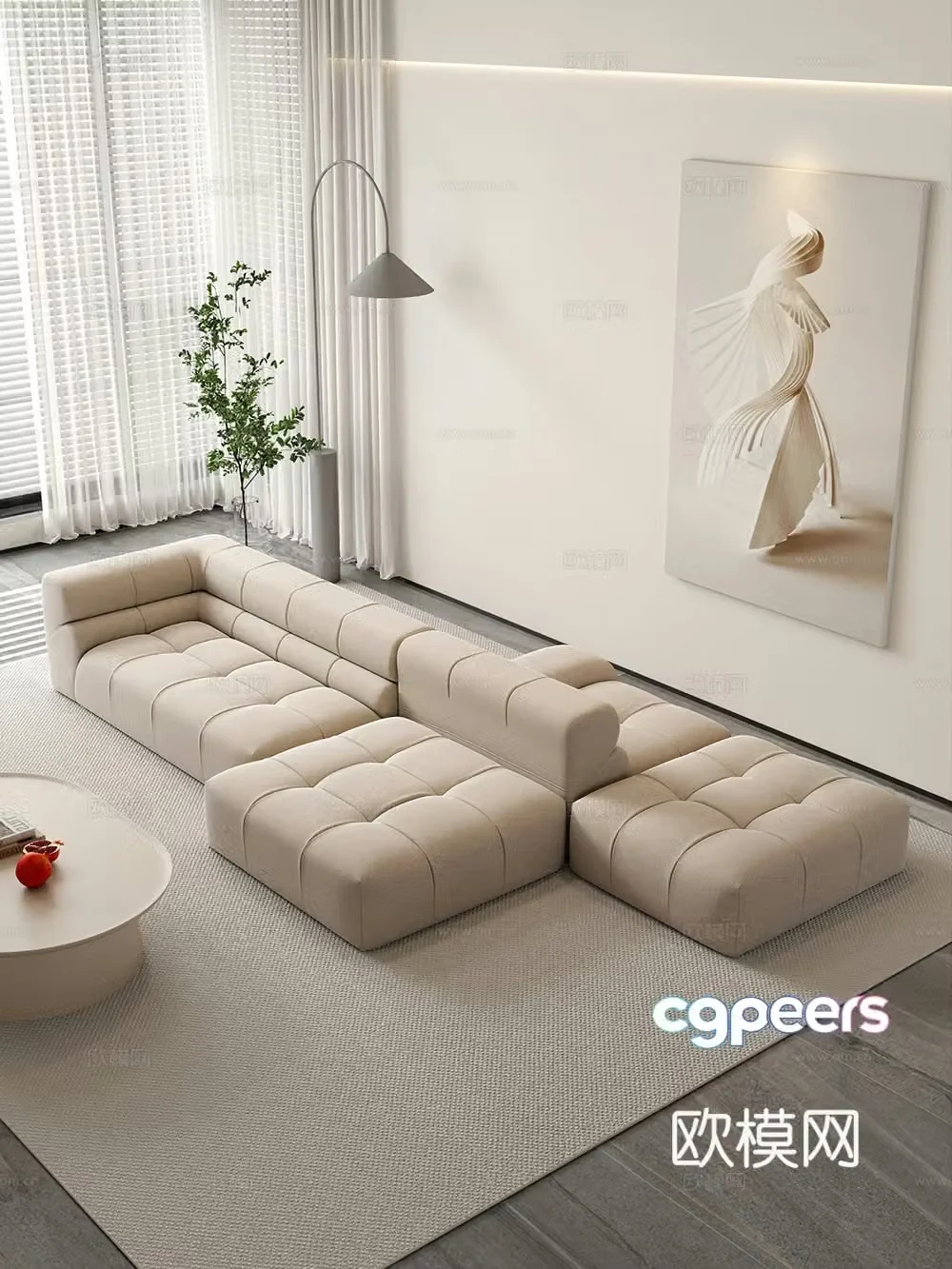 Creamy living room modern simple home living room sofa coffee table combination fabric sofa 3D model