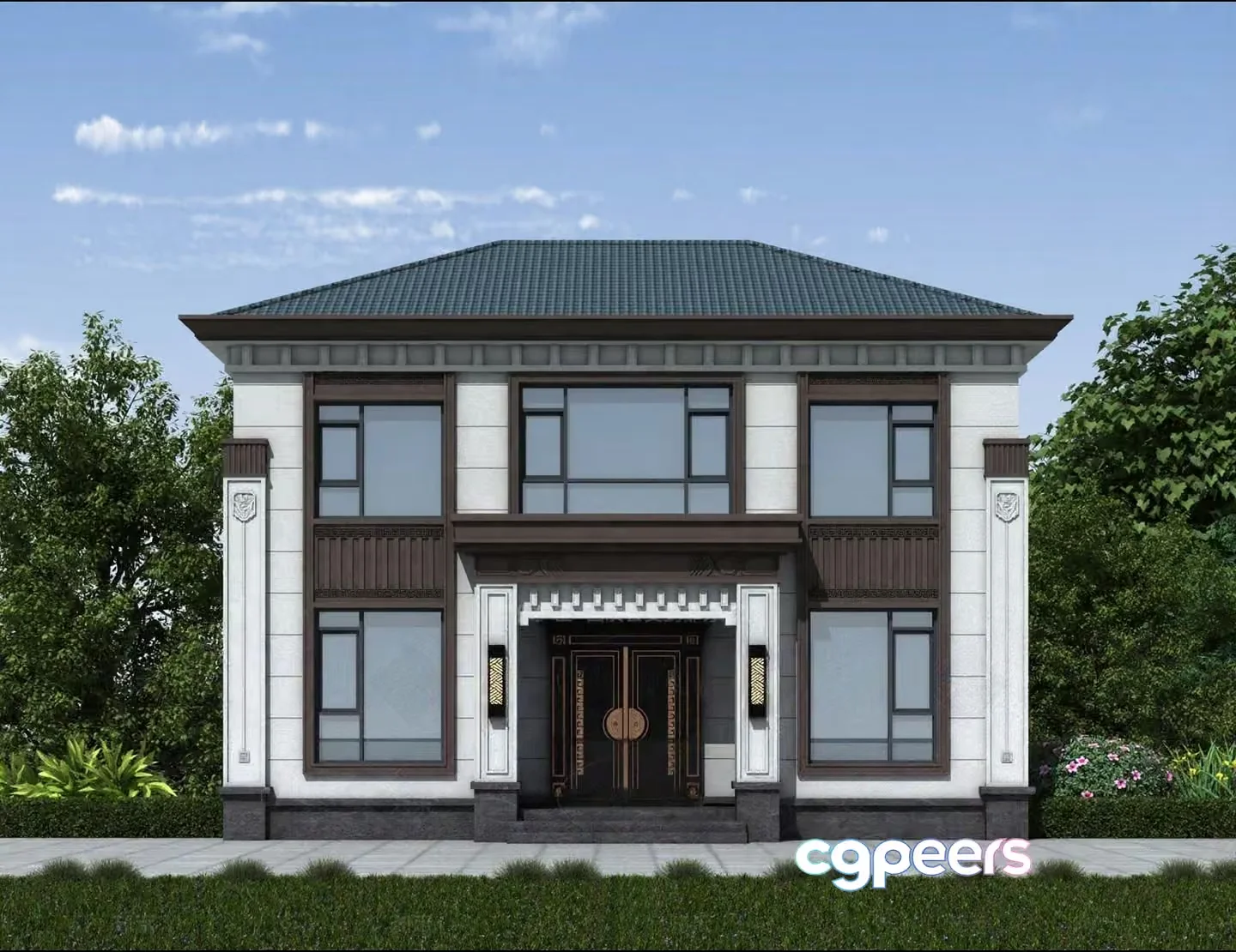 Two-Story House With A Green Roof 3D Model – 7146 – VRAY Render