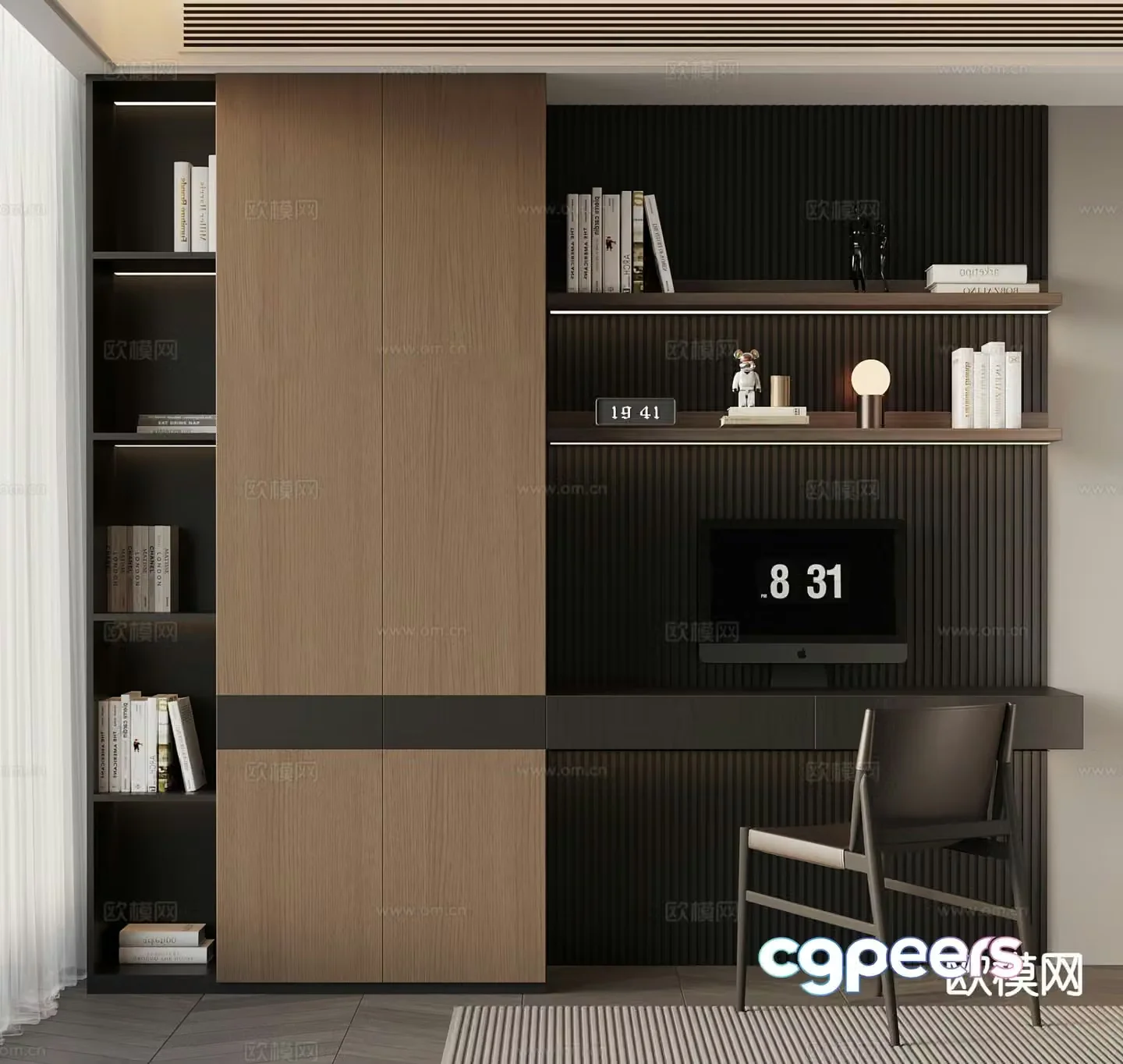 Italian style integrated bookcase desk chair 3d model