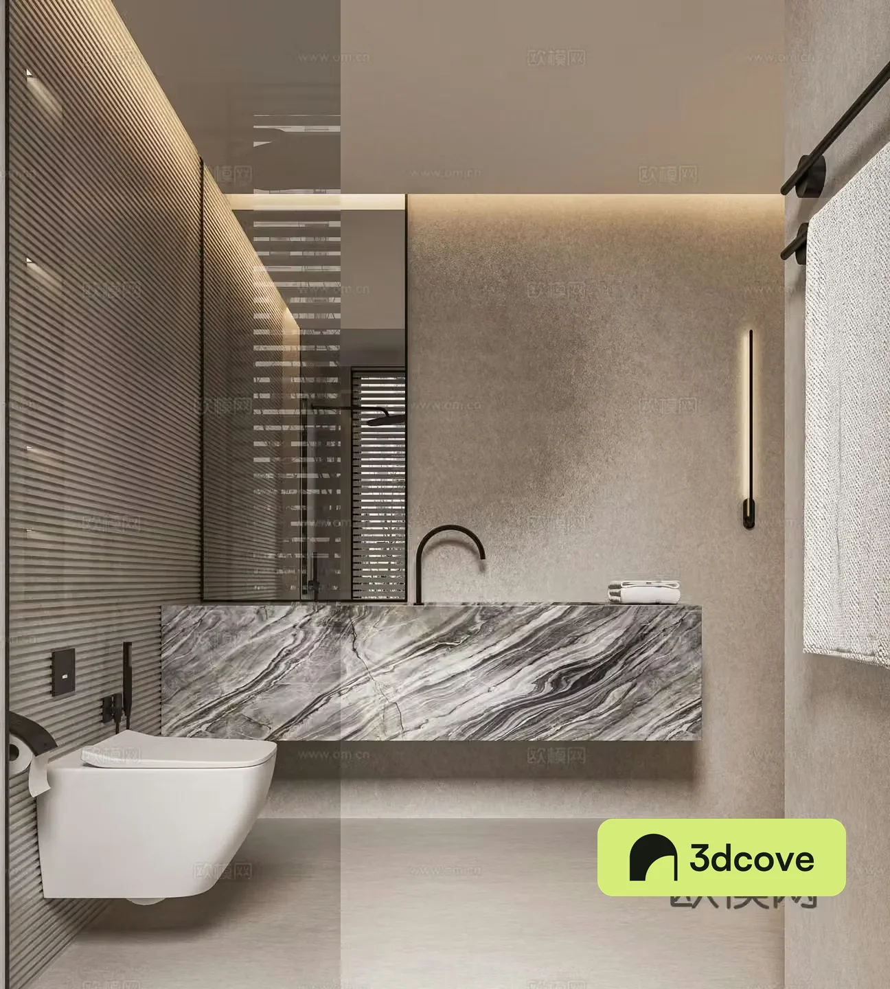 Modern minimalist bathroom wall-mounted toilet hanging sink bathtub without main light wet dry separation