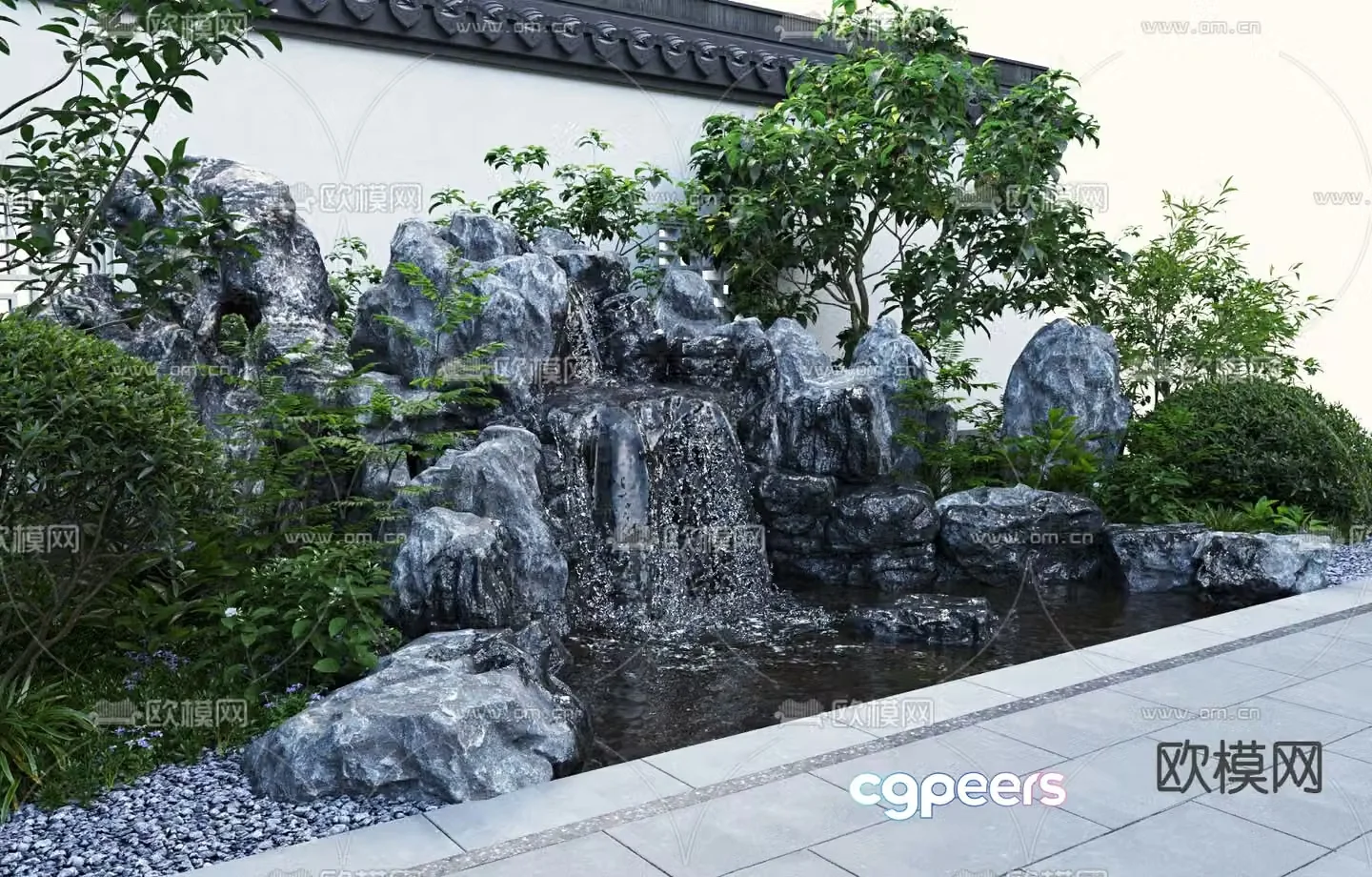 Chinese style landscape rockery and water stone combination 3D model