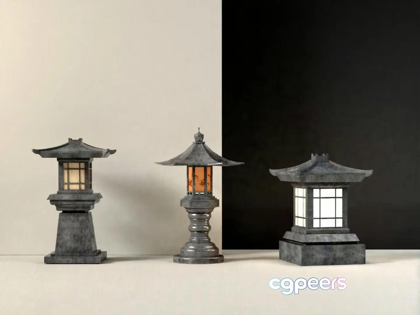 Three Japanese-Style Lanterns 3D Model – 19047 – VRAY Render