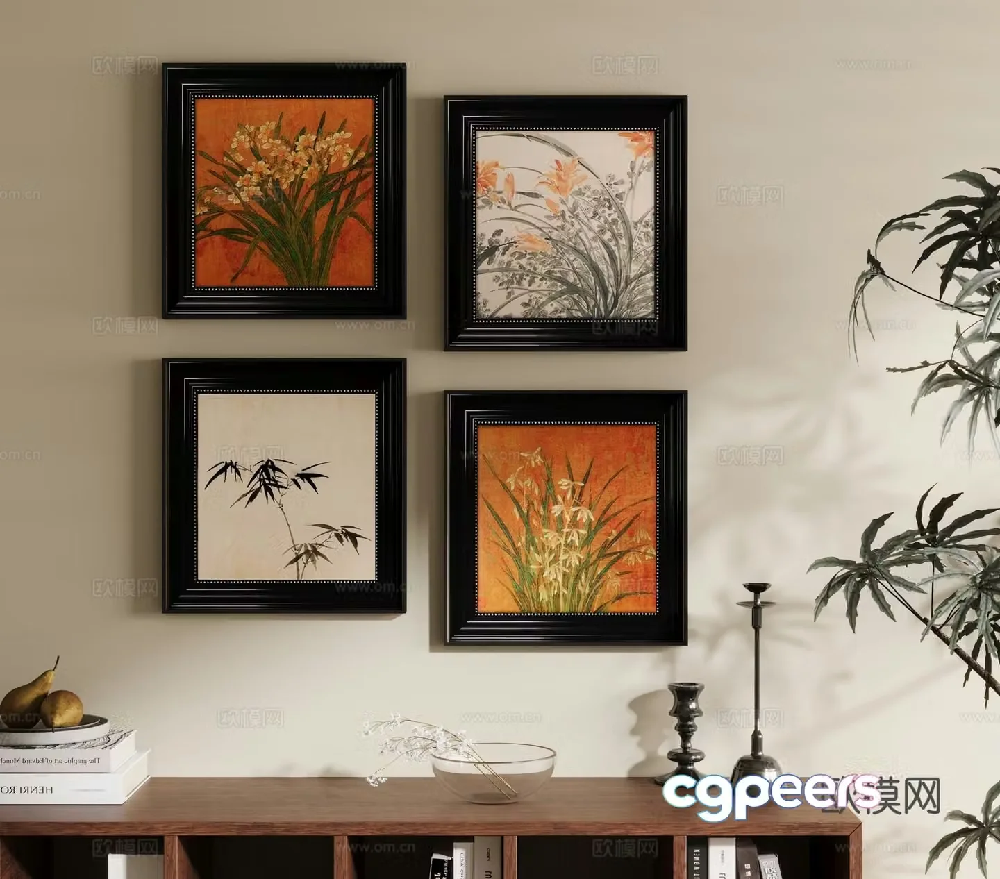 French Chinese living room decoration painting background wall combination 3D model