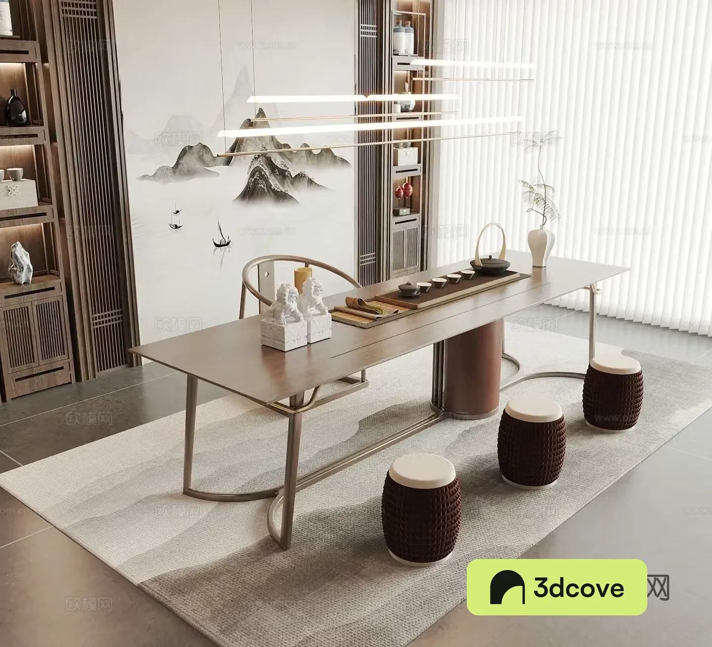 New Chinese style tea table and chairs tea sets tea room tea cabinet chandeliers dream curtains