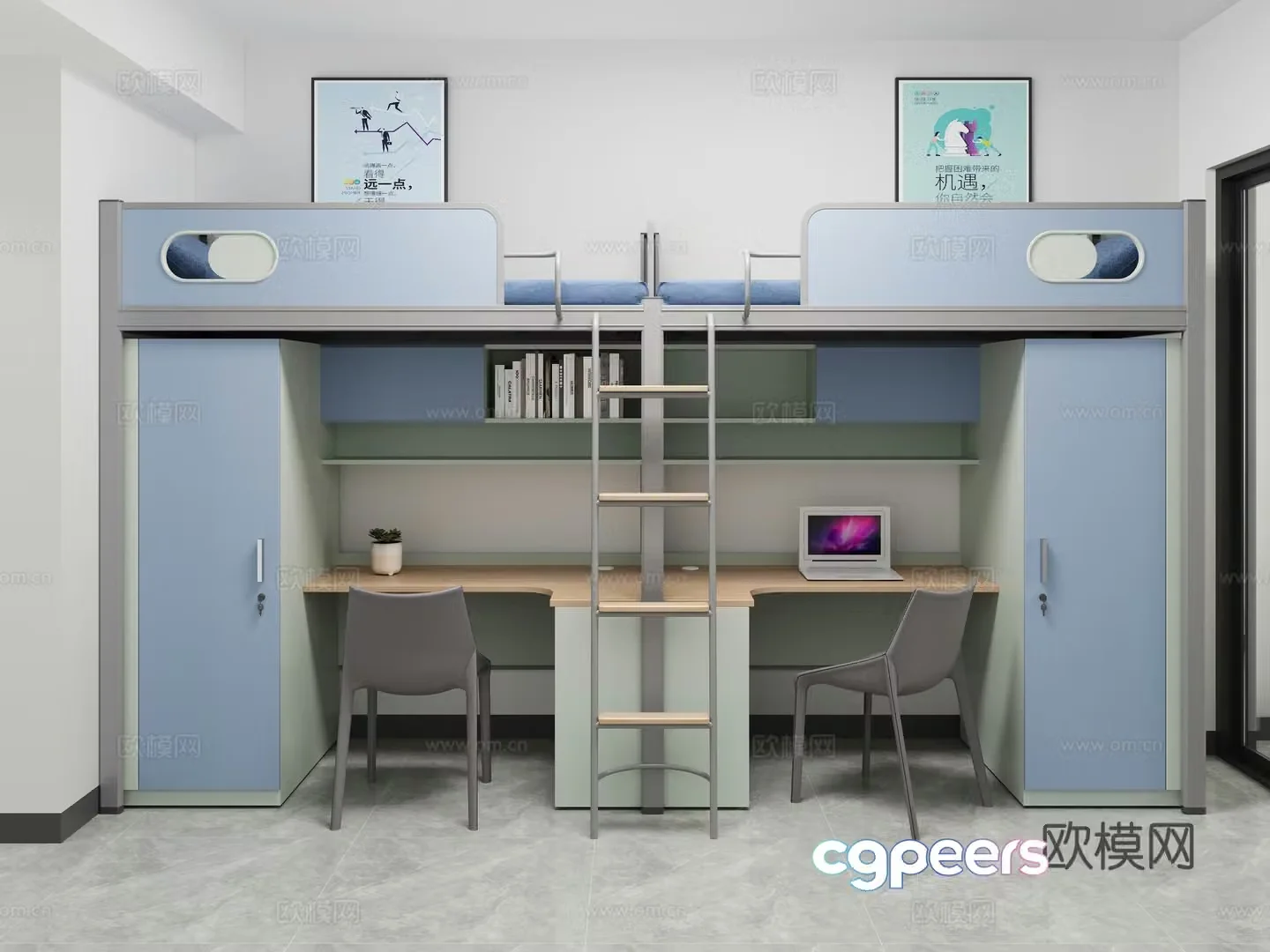 Modern dormitory bed and desk school student dormitory staff dormitory bed 3D model