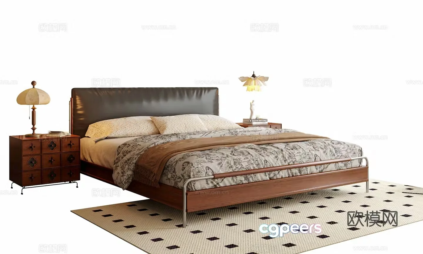 French double bed nightstand 3d model