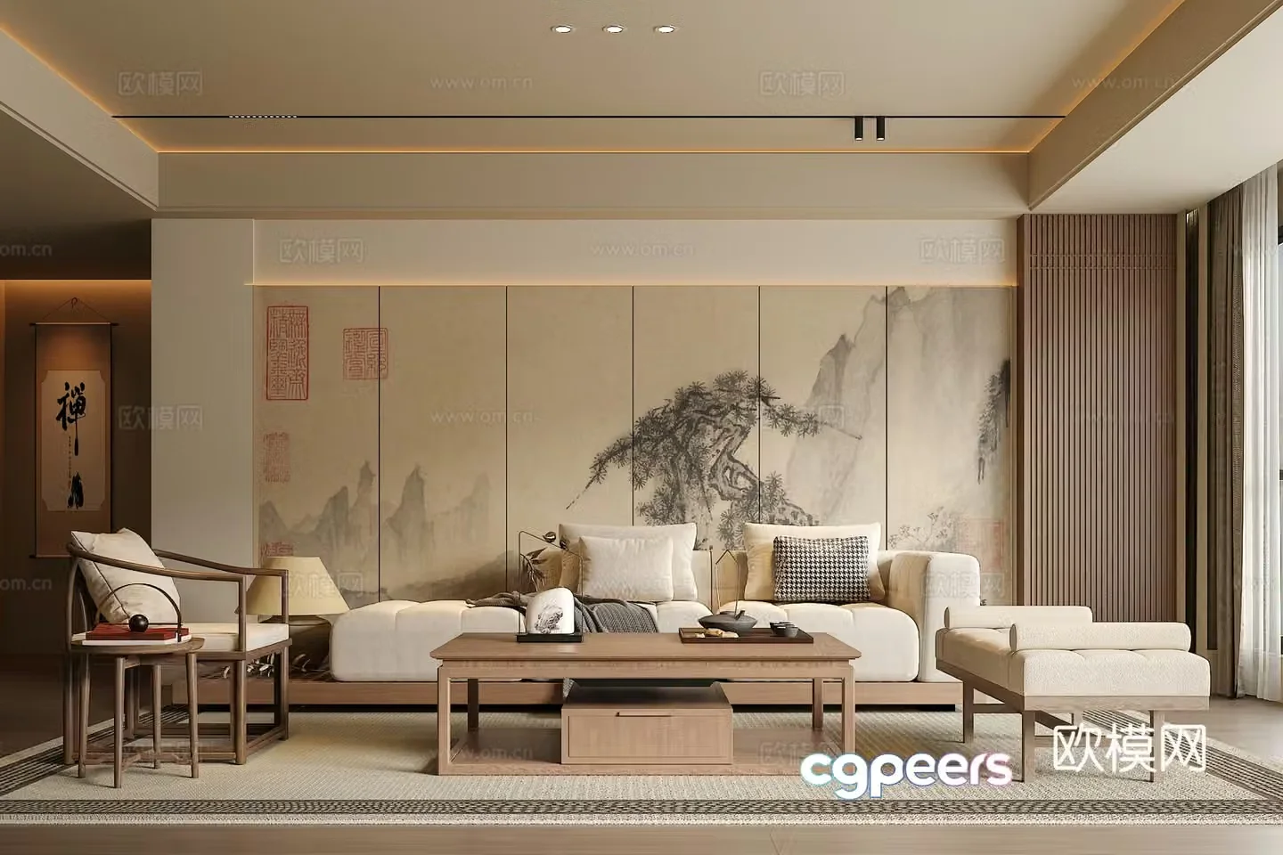 Song’s medieval style living room sofa and coffee table combination green plants accessories and decorations desk lamps background wall 3D model