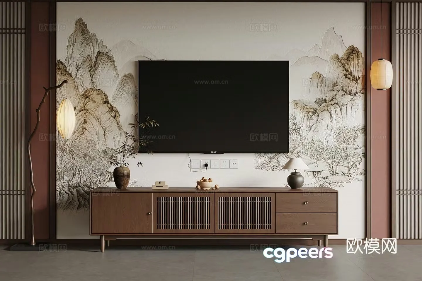 05 New Chinese TV Cabinet Floor Lamp Chandelier 3D Model