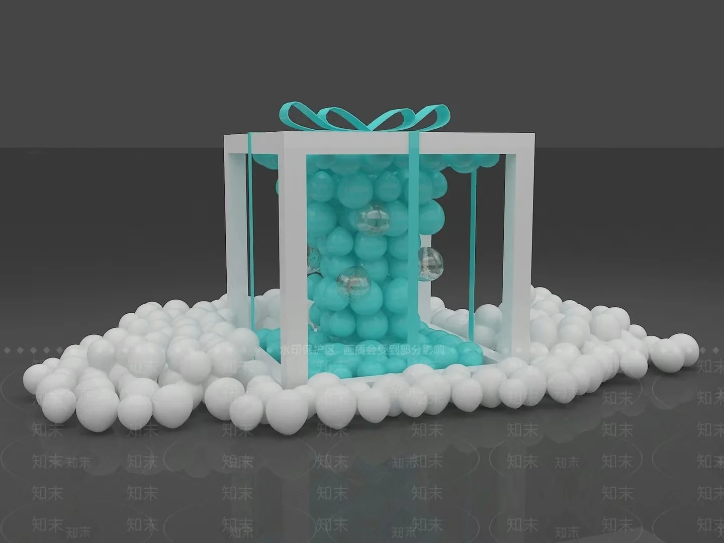 The Image Features A White Gift Box With A Blue Ribbon Surrounded By White 3D Model – 3474 – VRAY Render
