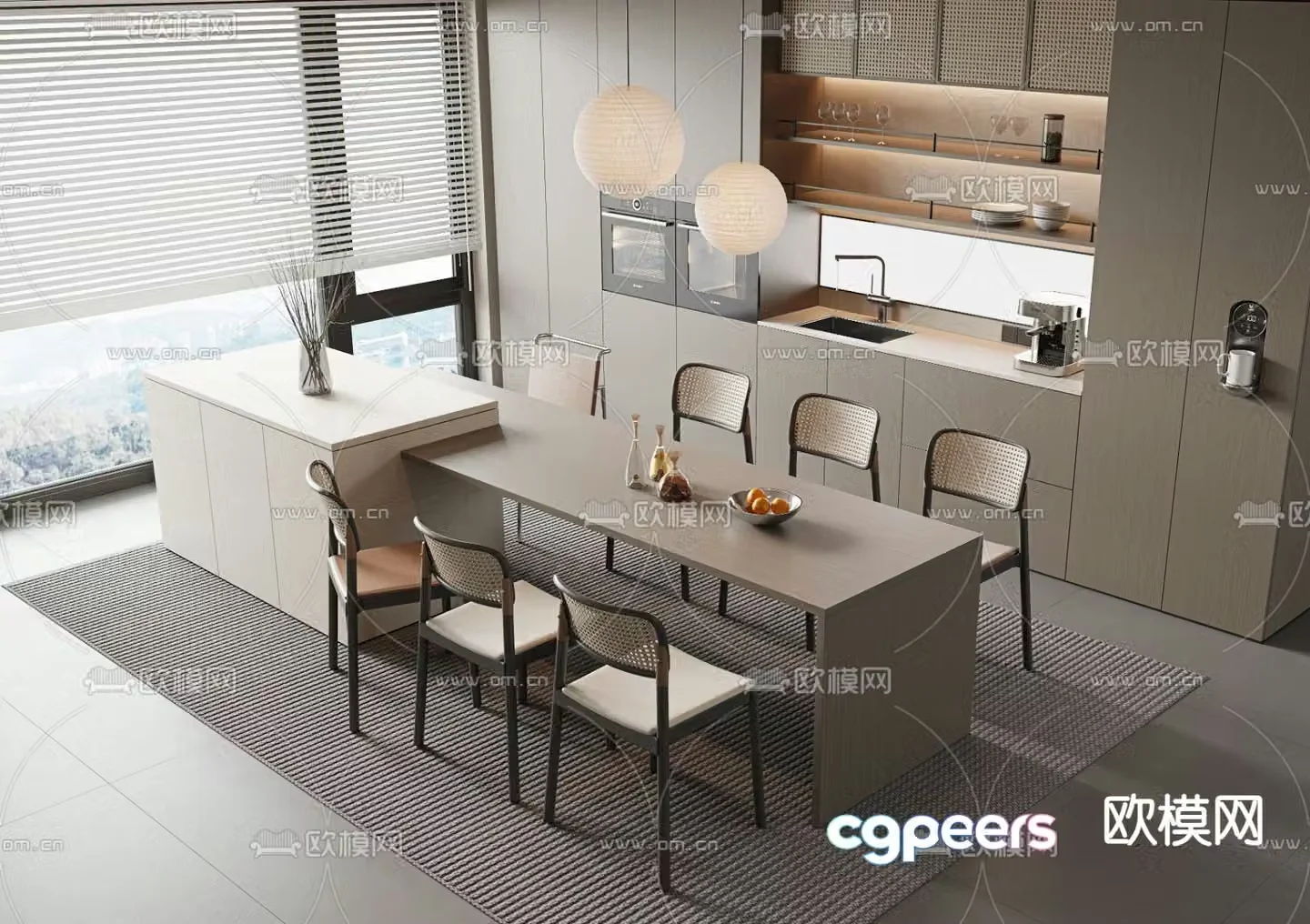 Island dining table and chairs 3d model