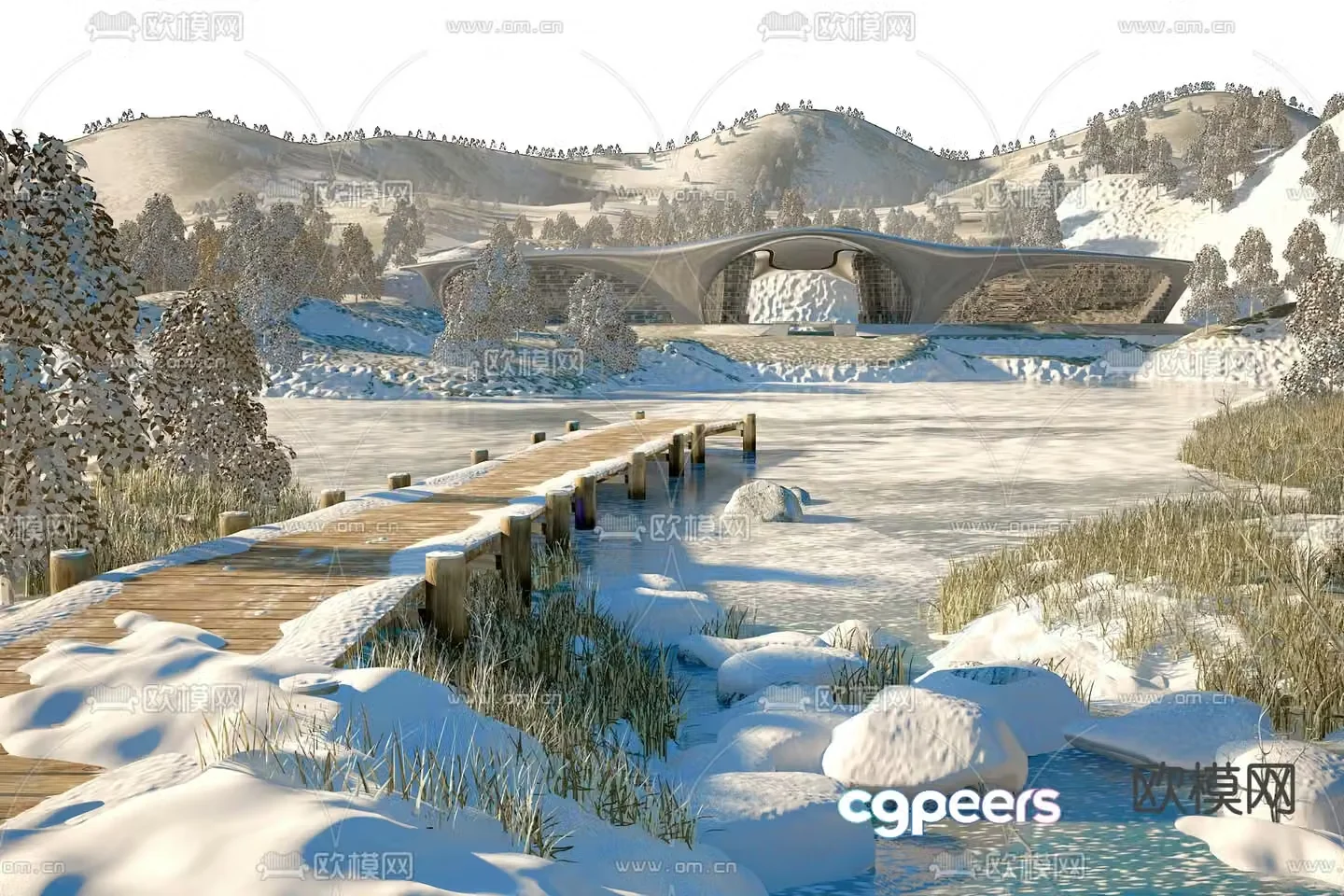 Convention and Exhibition Center Snow Landscape 3D Model
