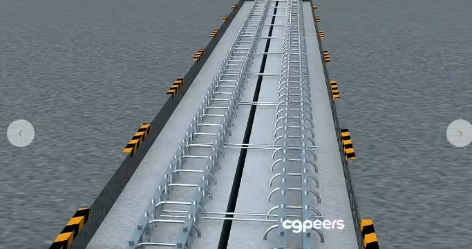 A Long Metal Bridge With A Railing And Yellow And Black Stripes 3D Model – 3316 – VRAY Render