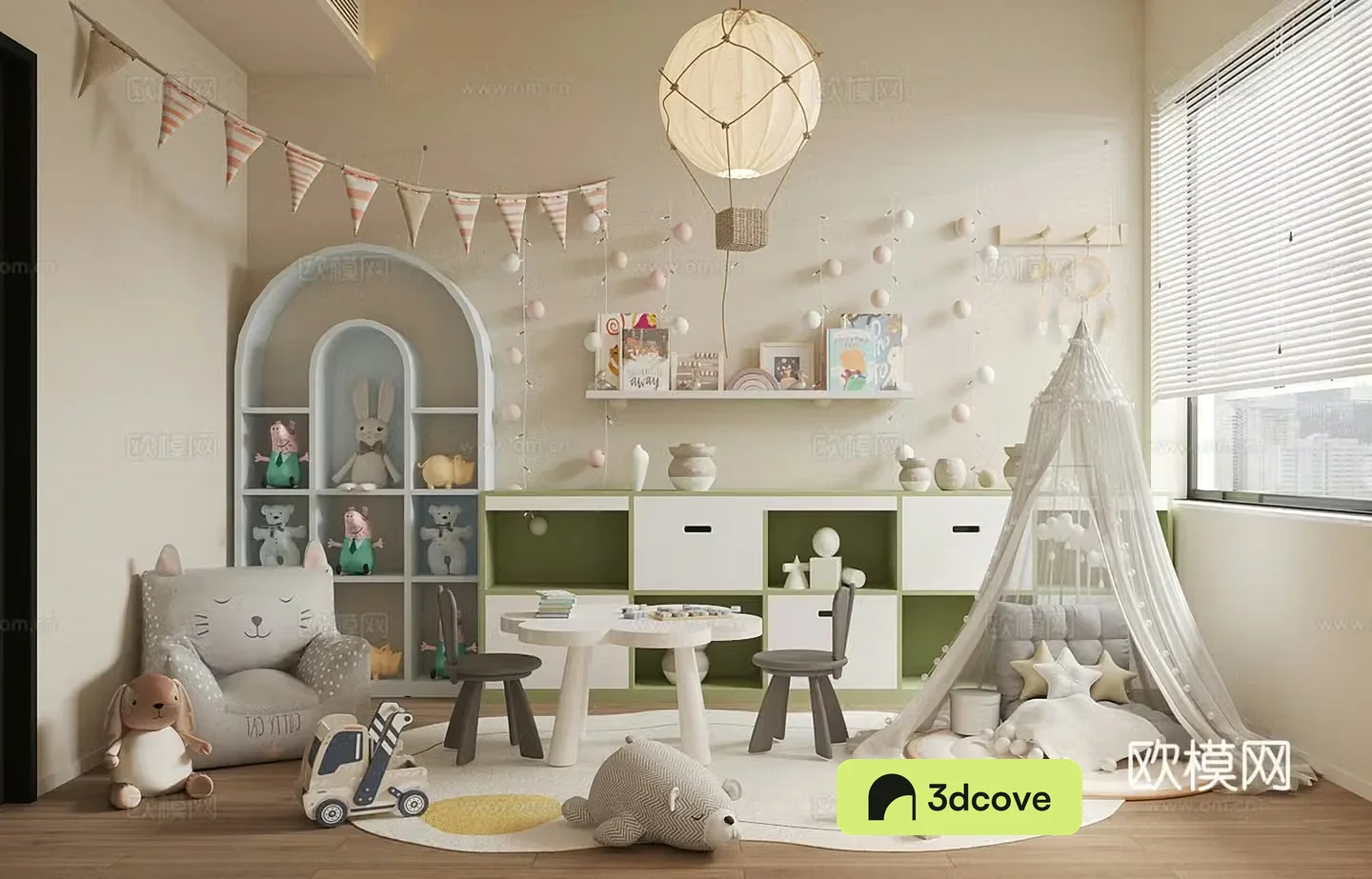 Modern children’s entertainment room Toy room Children’s bookcase Children’s activity table and chairs Toy doll combination