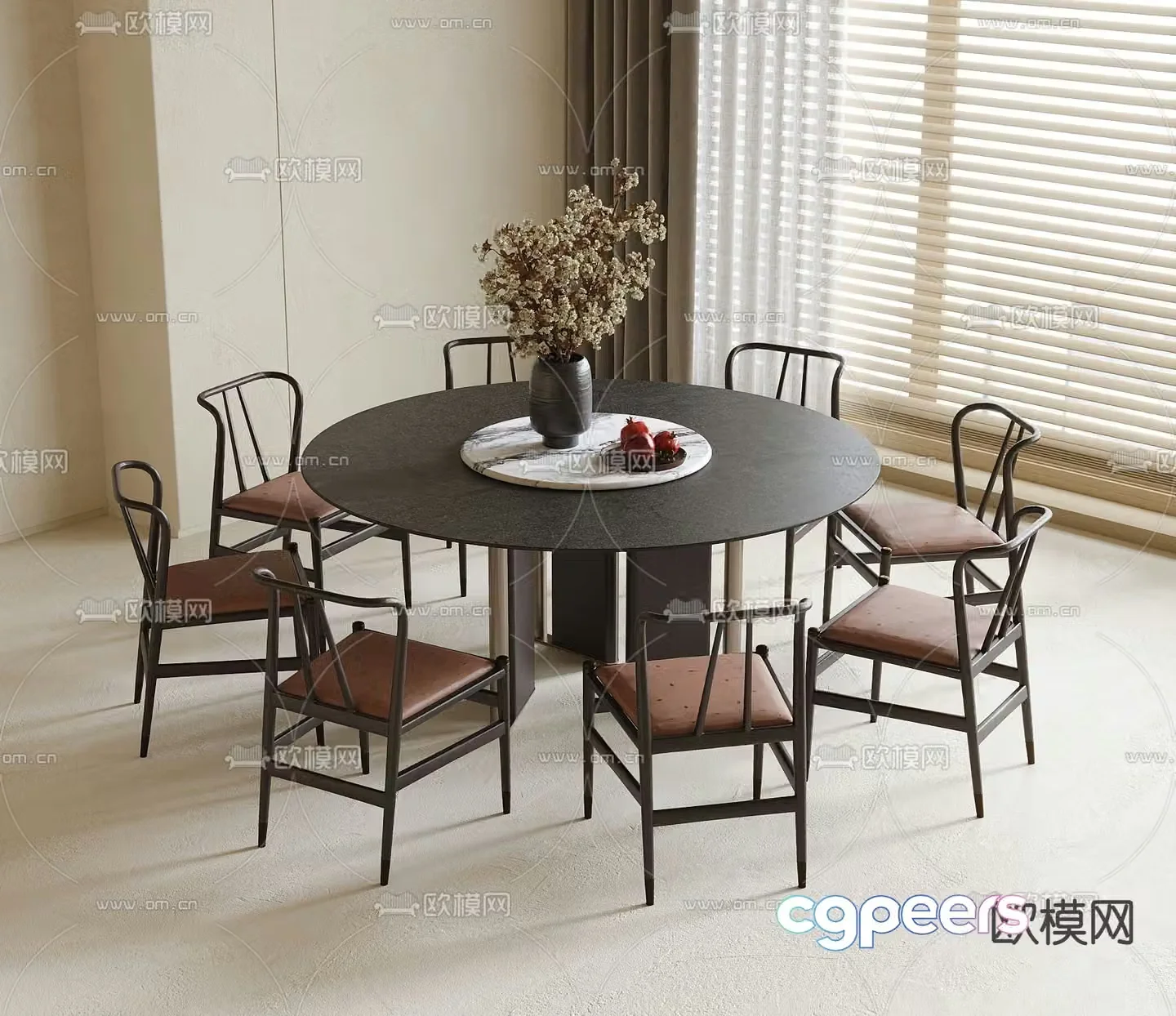 New Chinese style dining table and chairs round dining table 3d model